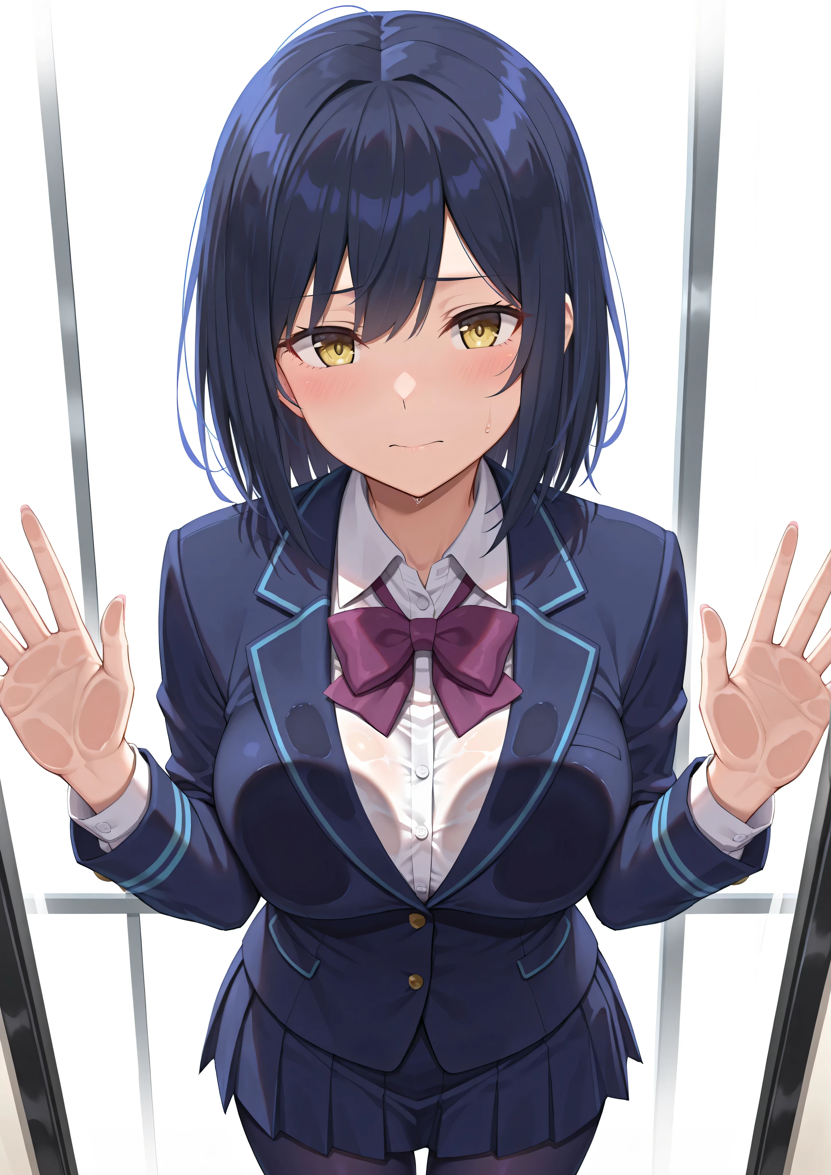 solo,masterpiece,best quality, amazing quality, highres, absurdres, very aesthetic, high resolution, ultra detailed, perfect details,nijirin,medium breasts,yellow eyes,blue hair,black hair,moles,medium hair,nijirincos,white shirt,collared shirt,purple bowtie,blazer jacket,blue jacket,closed jacket,blue skirt,miniskirt,pleated skirt,dark blue pantyhose,(masterpiece, detailed:1.2)、look at viewer,mature female,against glass,breasts on glass、cheek press、embarrassed、arms up、breast press、Lick the glass