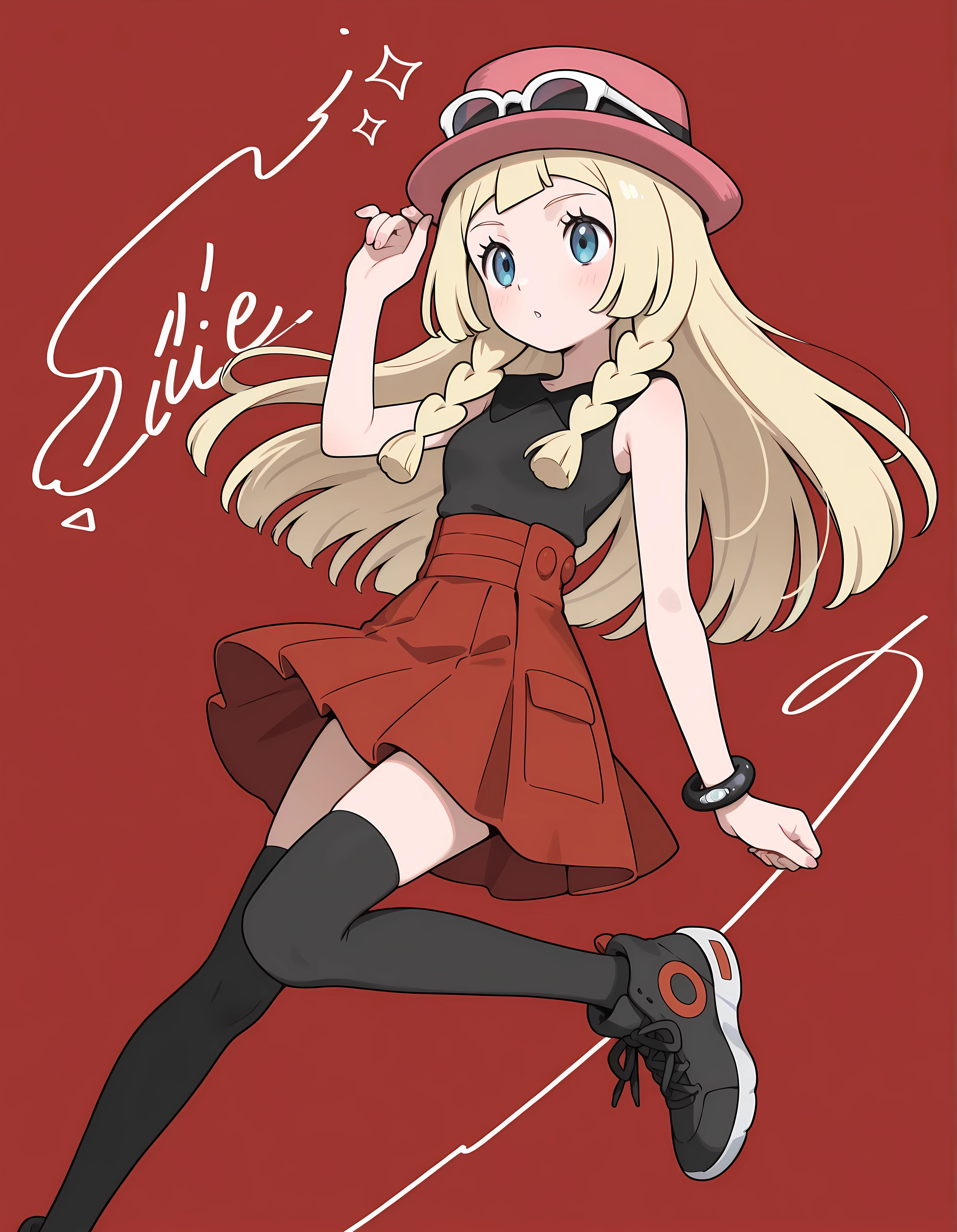 Lillie, blonde hair, long hair, blue eyes, seated. Dressed as Serena, sleeveless shirt, sleeveless black shirt, bracelet, high-waist skirt, red skirt, black thighhighs, sunglasses, pink hat, black sneakers.
