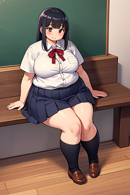 ((highres)), Masterpiece, high quality, best quality, beautiful, perfect lighting, detailed face, ultra cute face, ((1girl)), ((solo)), short black hair, hair over one eye, green eyes, pale skin, ((blush)), shy, arms behind back, (black tank top), (short plaid pleated skirt), thigh highs, chocker, cleavage, large breasts, (wide hips), (thick thighs), navel, chubby, chubby belly, belly rolls, standing in a classroom,