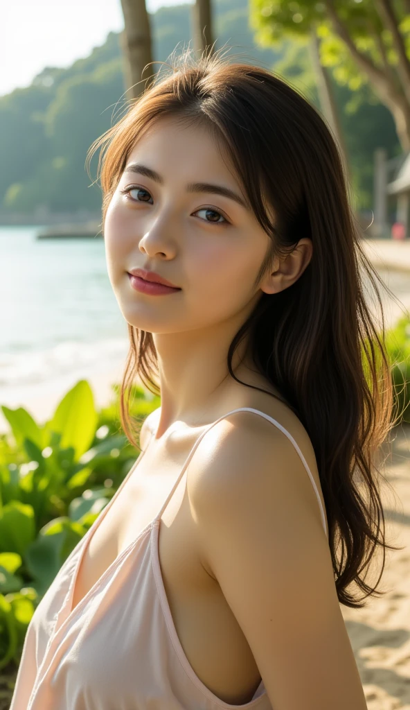 A very cute face like an idol、Looks like a young face、20-year-old female、Gentle and cute、A kind smile、Cleavage、Tank top、Walking on the beach at sunset、Natural light、whole body、SLR、Film Camera、RAW Photos、Genuine、live-action、Artistic、Real Stick、High resolution、masterpiece