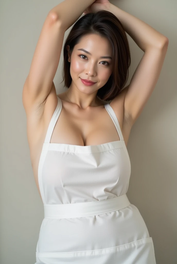最high quality, 8K, lively, sharp focus, high quality, High resolution, middle-aged women, mature woman, 55 years old, (Full body Esbian), (Detailed face wearing high heels, highly detailed eyes, thick lips, plump body shape、plump face、(((big breasts 2.3)))、(((On a white blouse)))、Beige tight skirt、Love hotel room、random hairstyle、gentle smile、(exposed armpit:1.2),hand behind your head,