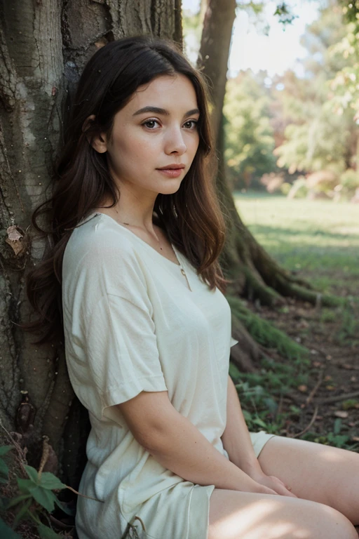 A beautiful, adorable lady with long, flowing hair, adorned with delicate wildflowers, stands on the edge of a lush forest clearing. The warm rays of the morning sun filter through the canopy, casting a soft, ethereal glow on her serene expression. Her gentle smile and relaxed posture exude a sense of tranquility and harmony with nature, captured in a painting characterized by intricate details and a palette of earthy tones. The artist employs a realism style, using acrylic medium to depict the vibrant textures and subtle nuances of the scene.