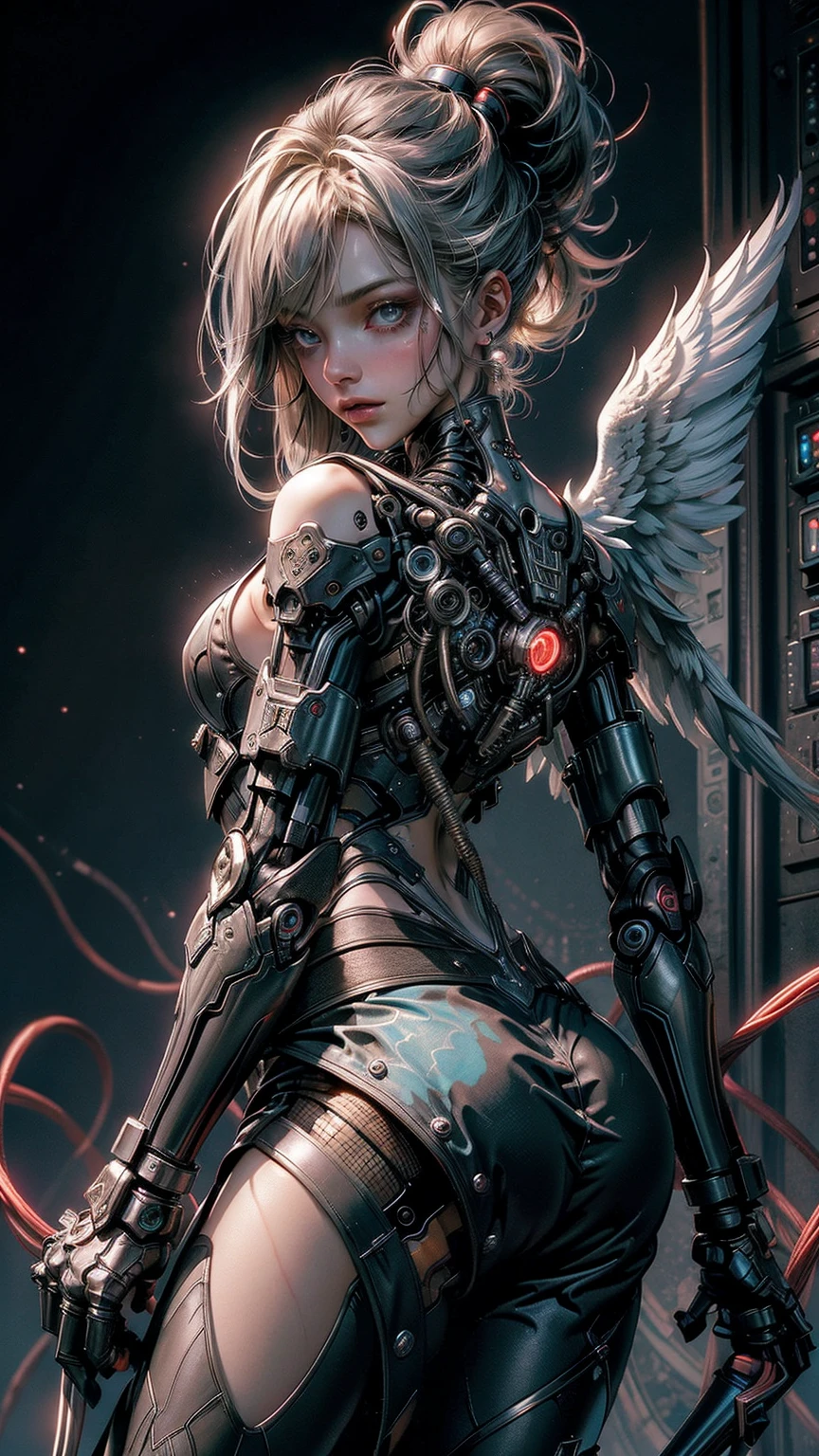 Intricate 3d rendering ultra-detailed beautiful angel of death, biomechanical robot, simulated 150mm lens, beautiful natural soft edge light, neon veins, roots, delicate leaf lace, colorful details, Boris Bidjan Saberi costume, pearl earrings, piercings, art nouveau fashion embroidery, intricate details, mesh lines, Mandelbrot fractals, facial muscles, cables, microchips, villains, surreal, ultra-detailed, octane, volumetric lighting, 8k and post-production, red The white has a little bit of black, Metal Skeleton Details, Half-Human, Iridescent, Glenn Brown Style, Futuristic Room, Power of God, High Angle Shot, Complex Body Poses