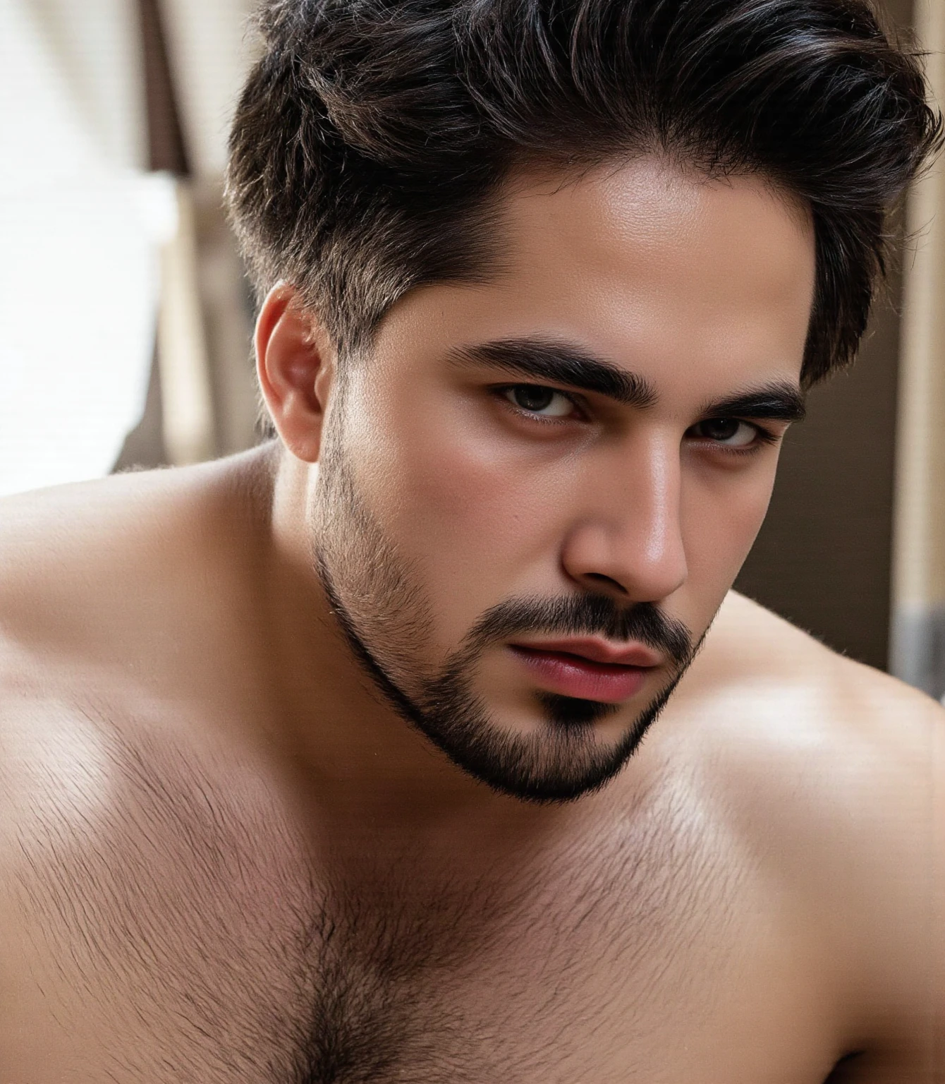 Hulk muscular uncle,nice,big breasts slightly fat,Short beard,Thick eyebrows,Brush Cut,Have chest muscles,black,black calf socks,Full body picture,Showing off chest muscles,Chest hair on the pectoral muscles,Lying in bed,Lying on your back,Sweat all over the body