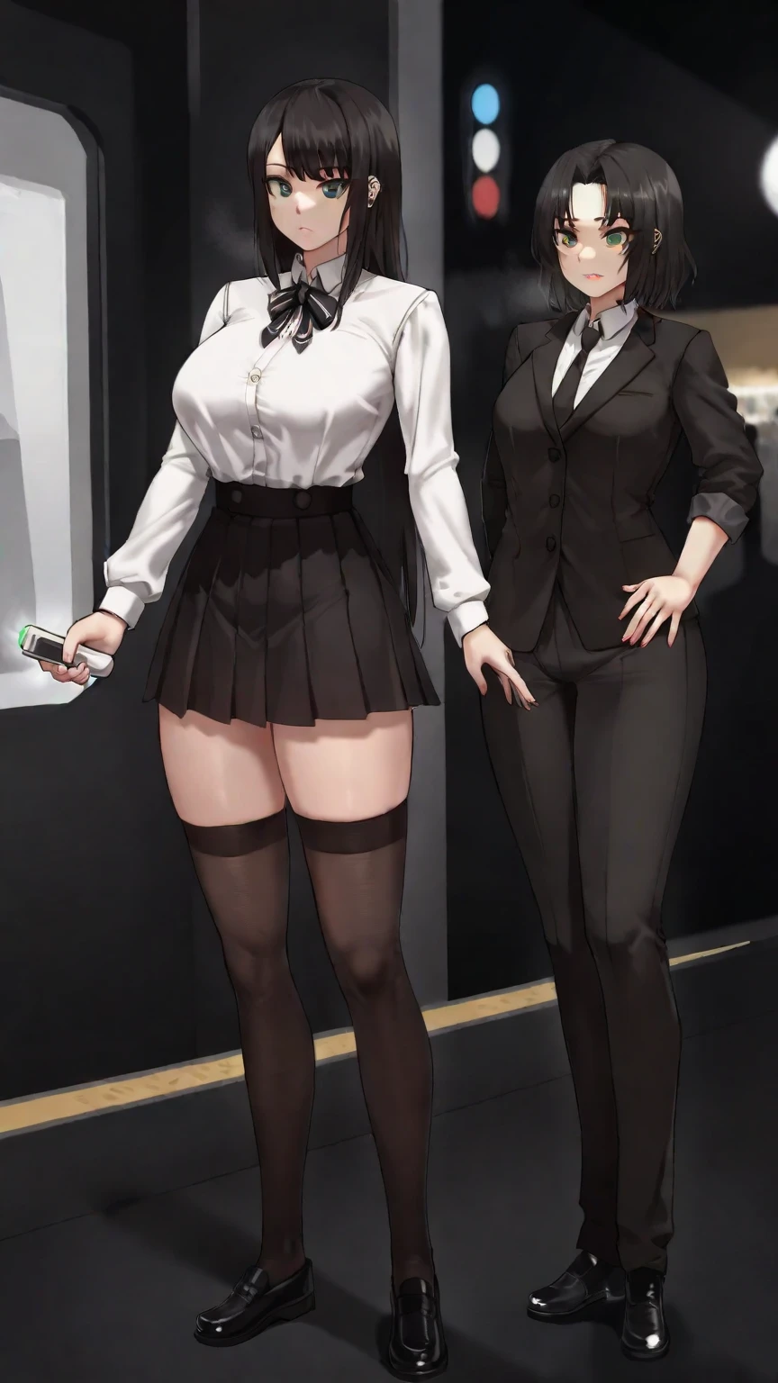 Concept art of anime character, young woman, 21 years old, white short hair, glasses, huge breasts, white fashion shirt, brown open sweater, leggings, full body, two poses
