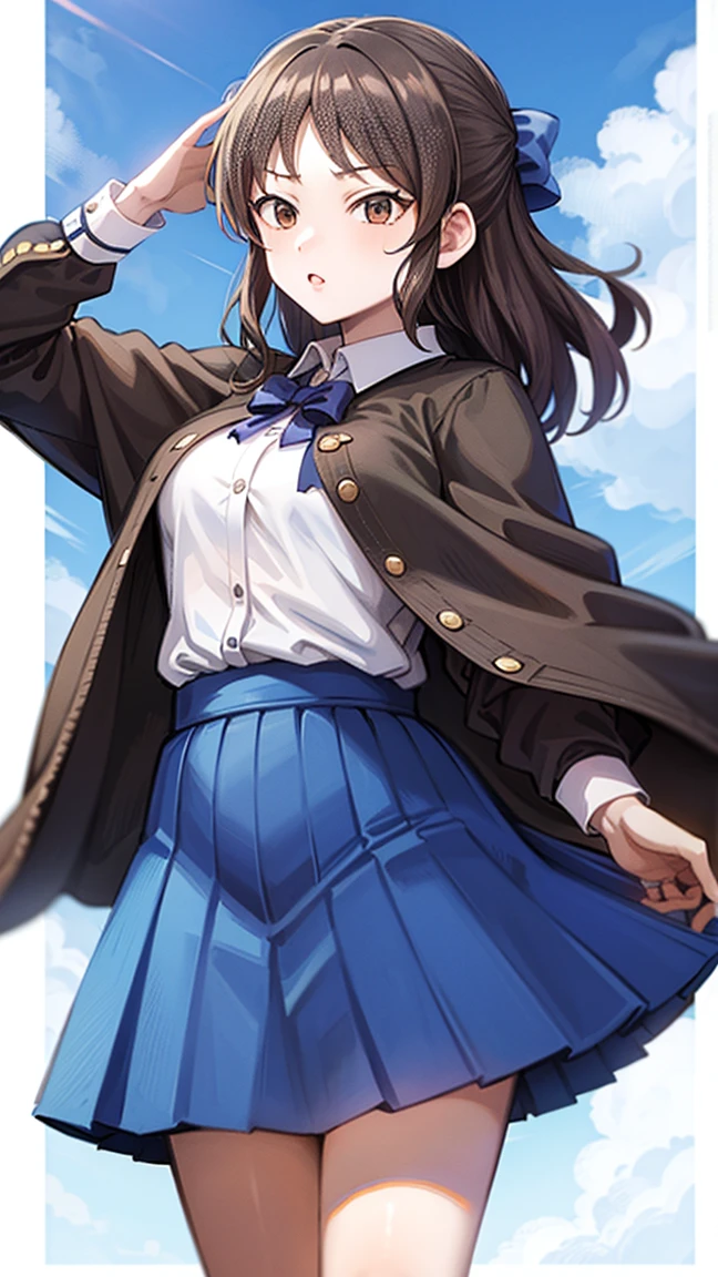 ((Tabletop, highest quality, High resolution, , Perfect Pixel, 4K,))), 1 high school girl, single, alone, beauty、The whole body is visible、 ((Mid-wave hair, bangs, Brown Hair)), ((Brown eyes, Beautiful eyelashes, Realistic eyes)), ((Detailed face, Blushing:1.2)), ((Smooth texture:0.75, Realistic texture:0.65, Realistic:1.1, Anime CG Style)), Medium Chest, Dynamic Angle, Perfect body, ((Red bow tie, , Black jacket, Open jacket, Brown cardigan, White shirt, Black Skirt, Check skirt)), 、、Very embarrassing panic smile, looked back、Leaning forward、The wind is blowing and my underwear is completely visible、Touch your buttocks with both hands、white and light blue floral lace panties、Angle from below)、