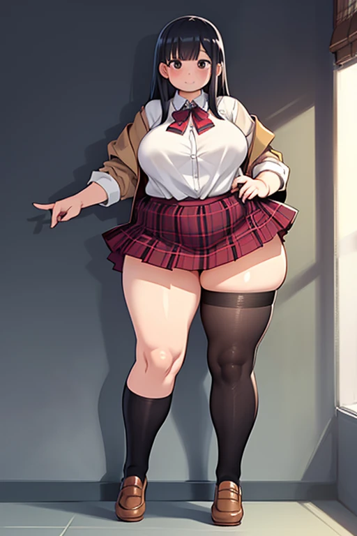 (((1 girl))), black eyes, black hair, very beautiful, (((nsfw))), ((black stockings )), big breasts, pink areolas, nipples, (((high black heels))), beautiful body, (((high detail))), (((Masterpiece))), ((Red lips)), make-up is red, груди high detail, (((повністю naked))), (((without clothes))), (((naked))), (((completely naked body))), Clear focus,depth of field, Ultra Quality, Cinematic lighting, ((standing straight)), (((bottom view))), ((lifts the black skirt)), beautiful vagina,