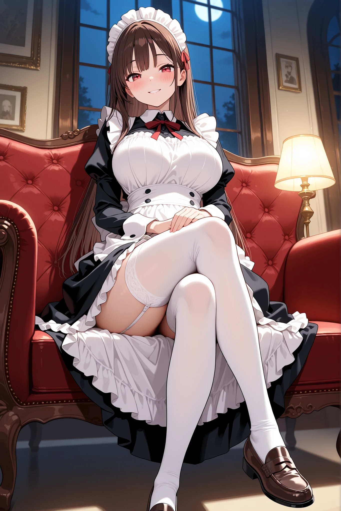 Highest quality, masterpiece, Adult women,8 heads，Long sleeve maid outfit，Without skirt，Brown Hair，Long Hair，Bedroom，Sit in the corner of the bed，Spread your legs、Leg spread，White tights，White garter belt，White shorts，I can see your pants，A seductive smile, Plump thighs