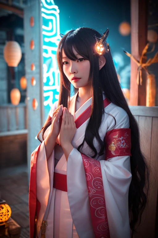 White Demon Fox、Nine-tailed Fox、Japanese women、kimono、Fair skin、Red lines on face、8K、I have long hair、night、front face