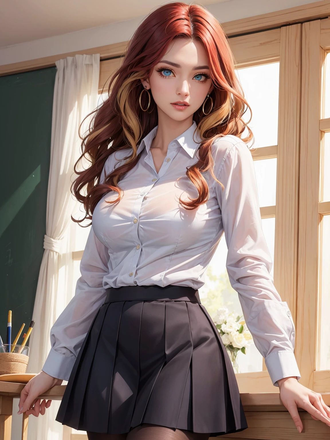 (masterpiece, best quality, hires, high resolution:1.2, 4k, 8k , high quality), extremely detailed, realistic, intricate details, highres, 1girl, blue eyes, solo, long hair, blush, freckles, arched back,(cinematic lighting, sunlight, perfect lighting, backlighting), eye-level shot, extreme close-up-shot, looking at viewer, red hair
black chic skirt, shirt, deskroom