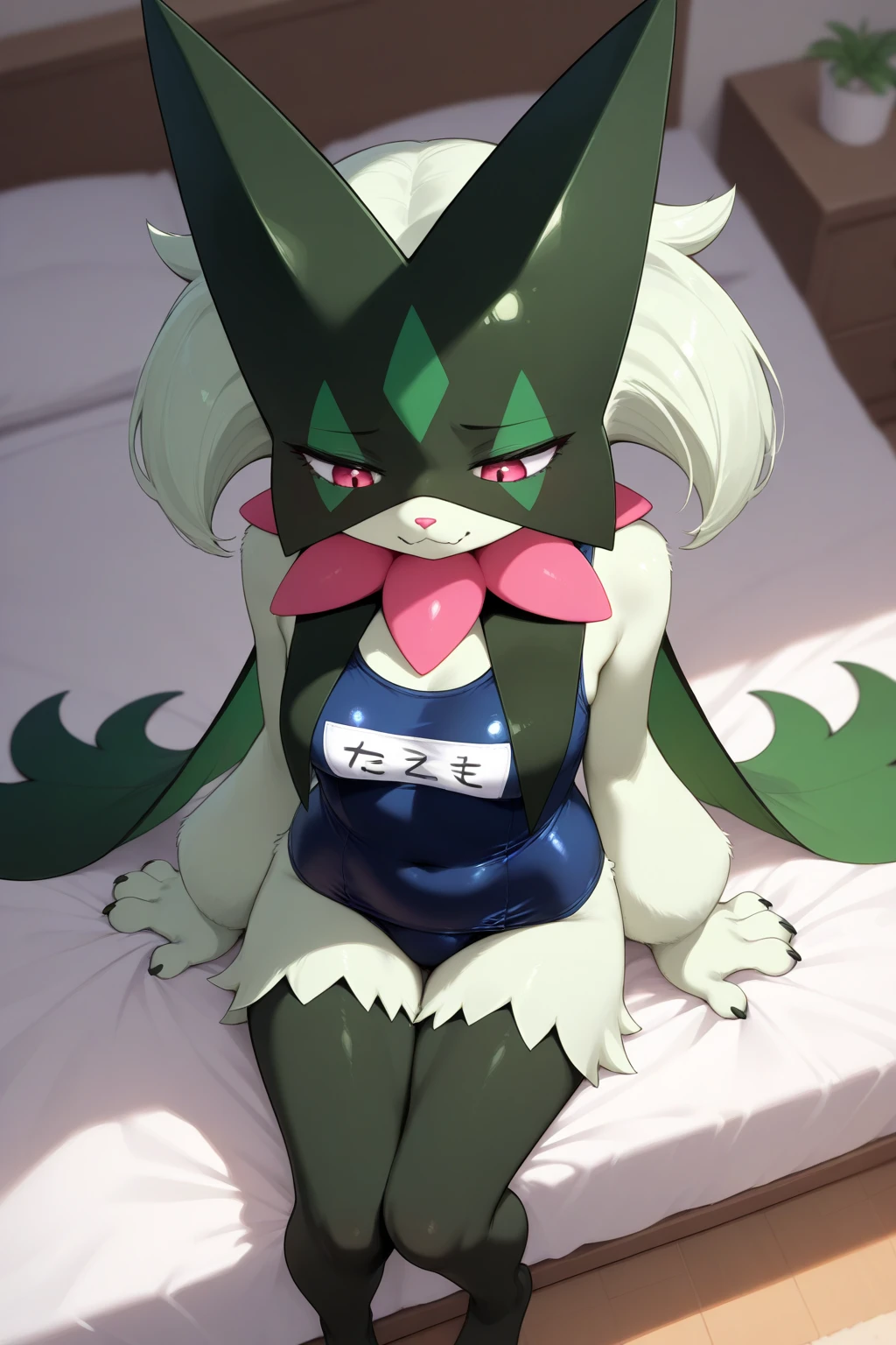 a cute green gnarpy, green ears, green tail, a yellow star on his body, in bed, long socks, open legs, wet pussy, moaning, green body, cock in her pussy,