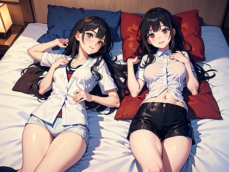 Girl with long black hair、(His blue and white checked shirt is unbuttoned、A glimpse of the orange bra)、(Blue it with your legs spread in an M shape、Showing off her cute white underwear)、(barefoot、cute leather shoes)、Short, big breasts, slender、Sisters give a double peace sign