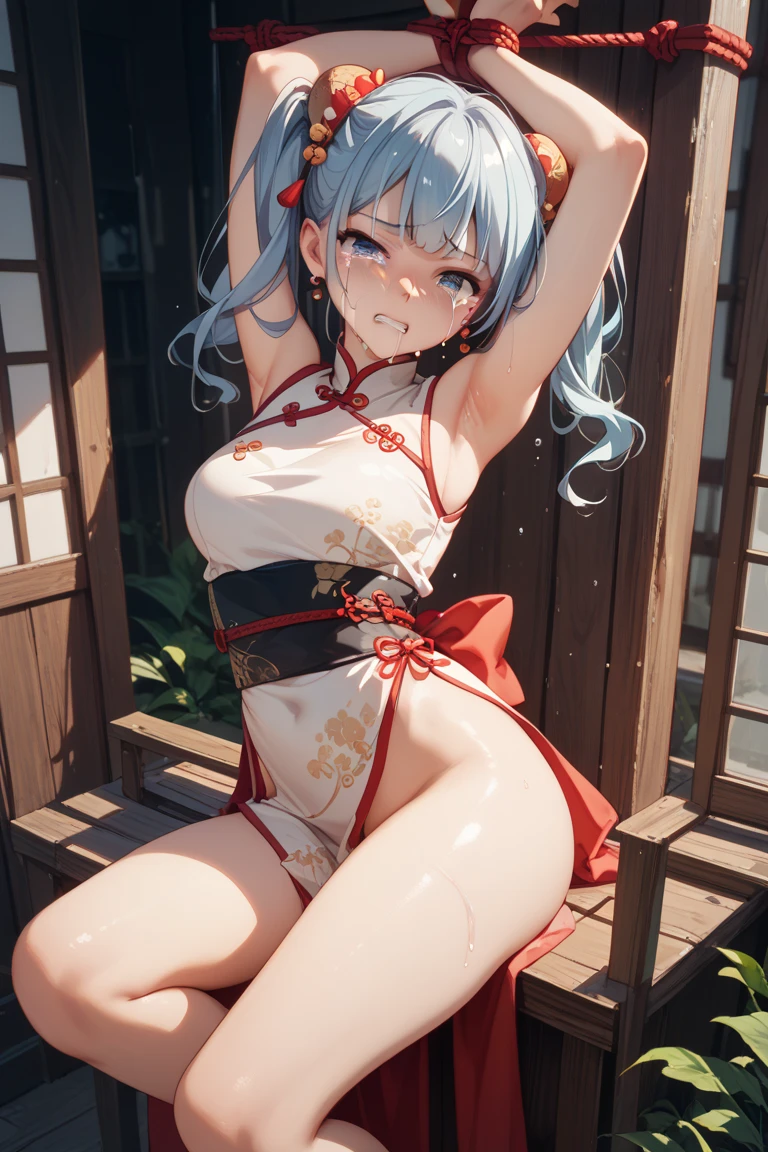 (Surreal girl:1.2), ((18-year-old girl)), Long powder blue gradient hair，Gray-blue eyes，Eyes as bright as jewels，Gentle smile，Whole body reflection, single body,  (The kinky is exposed), bends his knees, , C cups，Sweating all over， ((AI fantasy room，on top of the bed，Front close-up，on the floor on all fours，)), cute underwear，squishing，hyper realisitc, 电影灯光, (rendering), Ray traching，pyjamas，tightly dress，Starry sky print，cross reins，halter neck，cropped shoulders，Sleeves on the wrists，leg loopacing the viewer，wavy and long hair，Long hair shawl，hair adornments，Gemstone eyes，Eyes as bright as jewels，Highest image quality，4K，illustrious， Grecian robe(Thin clothing）Sweating all over，hair wet，Get wet all over your body，Full Body Sweat, Holy，Desire for dissatisfaction，close-up face，Natural soft light，Full Body Sweat, Transparent liquid dripping from,Holy，