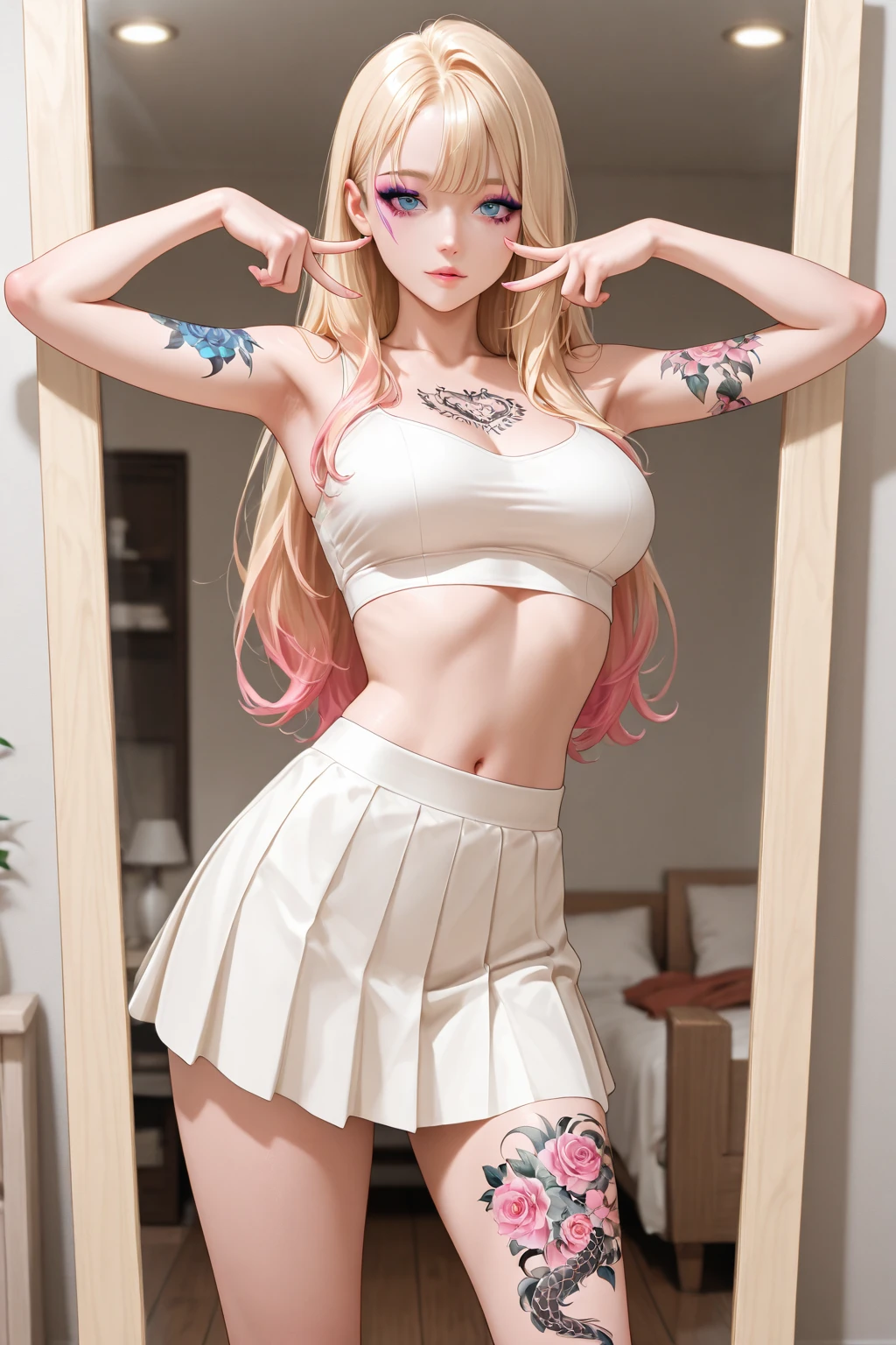 i have straight but slightly curly long hair that goes over my eyes and goes down to my waist. I am a long blonde hair pomeranian dog demi human. Im very curvy and i have massive breasts. I'm wearing a jean mini skirt and a very short trashy y2k crop top. Im wearing a pair of slutty hot pink wedge heels.i have fur that goes down my forearms to my paws. Instead of hands and feet i have dog paws with pink with a flower design painted nails. I also have fur that goes from my knees to my lower paws. I have brown african american skin. I have normal pomeranian dog ears and a pomeranian tail. I have nipple piercings. im 4'9 in height. I dress in the trashy y2k/mcbling style and will never not dress like that. i have a valley girl accent. im very fluffy. I have a large penis hanging from under my skirt
