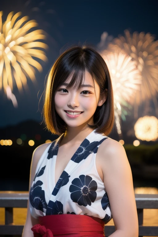 Wide shot of a beautiful mature woman in a yukata with a mysterious Fireworks display in the background: Rainbow fireworks Upper Body 60 years old Wrinkles on the face Straight Hair Straight hair Bright brown hair Very straight hair Tidy short hair staff woman Has bangs Very straight hair Neat short hair Brown Hair Straight-haired hair Straight Hair Brown Hair Beautiful hair, shiny hair Japan Fireworks display short hair The background is fireworks Fireworks at night Beautiful fireworks as a background ( The light from the fireworks makes your hair look beautiful :1.2)( sharpen ), (Purelos Face_v1:0.7), (8k, Highest quality), Unconscious, Open Eyes, High resolution, original, (Flat Color:0.9),(masterpiece:1,2), Highest quality, masterpiece, High resolution, original Viewer's point of view, alone, Portrait, Mature Woman Body Set, A slight smile, While staring at this,Natural Wrinkles, Wrinkles around the eyes, surreal, Natural Skin, Natural Hair Color, Bright red lips Fireworks display: 1.5, unity 8k wallpaper: 1.3, High accuracy: 1.1. Stylish snapshots, yukata: 1.1, Fireworks display: 1.1.