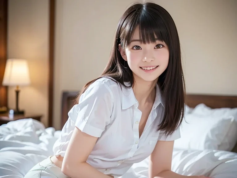 ((8K quality、professional、highest quality、masterpiece：1.3))、solo、Real、Photorealistic、Portrait、(Upper body close-up)、Slender Abs:1.2、Very cute 12-year-old elementary school student、((Flat Chest:1.4、AA cup、Skinny Beautiful Girl:1.4))、((Loose fitting T-shirt、Plain and large long T-shirt:1.4))、Bedroom:1.4、Platinum Blonde Hair、Silky straight hair、Beautiful Bangs、Delicate and cute 12-year-old beautiful girl、Slim fit、Skinny body、Sub-surface Scattering、Highly detailed face and skin texture、Beautiful detailed eyes、 Attractive big eyes、Beautiful detailed nose、The best beauty、Shooting from above、(Leaning forward:1.3)、Down blouse、Perfect hands、Smile、Looking at the camera