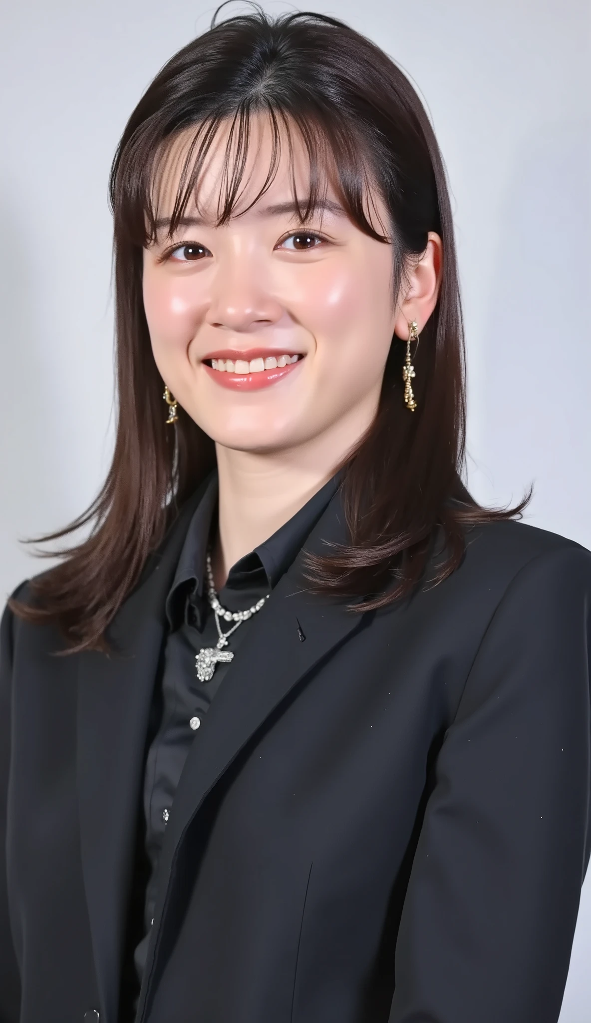 Neat Young Woman、and look at the camera、office lady suit、jacket、shirt、necklace、ear piercing、薄い茶髪、、、smile showing teeth、、background is office
