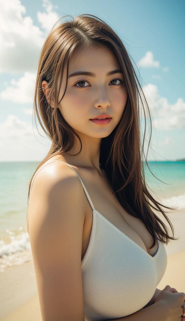 (Tabletop,Highest quality:1.4),(8k,RAW Photos,Like the picture:1.2),(Glowing Skin),Detailed skin,Detailed face,Detailed eyes,1 female, 31 years old, Posing on the beach's edge, full,Slim Japanese actress, Very beautiful face, Black Hair, Swim ring, download, On the beach, Swimwear, bikini, Well-trained legs,The sunlight is dazzling, Gaze, Open your mouth a little,