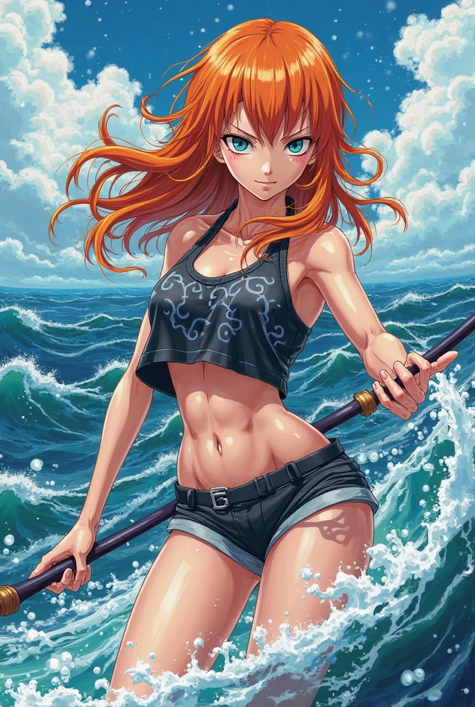 ((top quality, 8k, masterpiece: 1.3, ultra hd, high quality, best quality, high definition, realism)), sharp focus: 1.5, Model Nobara kugisaki, orange eyes, Mole under the outer edge of the eye, Short orange hair, breasts, (((Sexy and seductive pose, leaning forward))), thick thighs, ((((beach)))), ((yellow bikini)), cheeky smile, sea, ass, back