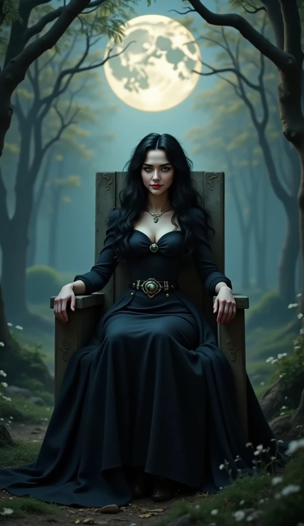 a woman dressed as a witch with a black robe, with a crown on her head, the robe reveals her face, in her hands she has a black cat and on her a black crow. She is sitting on an old wooden chair outside an old cabin in the woods in the middle of the night, there is a full moon.