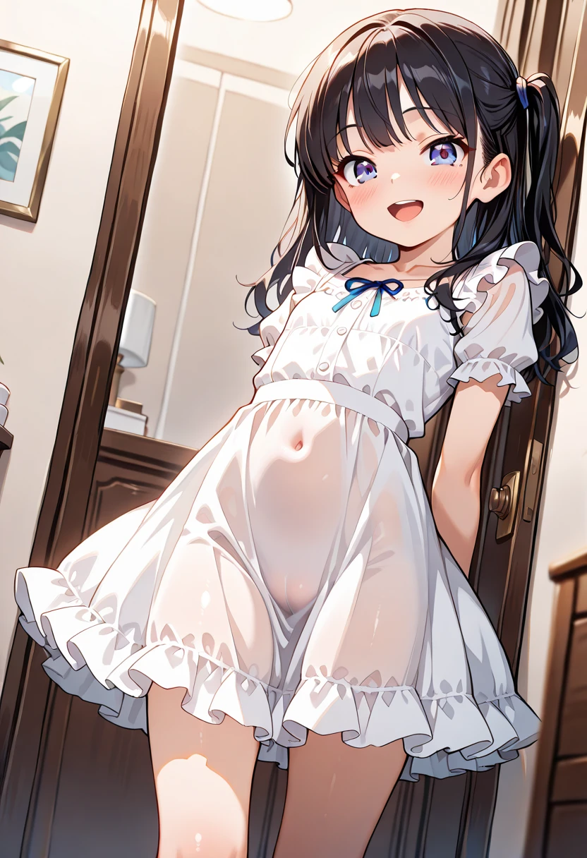 (Best quality, 8k, 32k, Masterpiece, UHD,:1.2),RAW, human, 1girl,ultra cute , ultra cute, natural lighting,transparent shining eyes, 20yo, medium breast ,femur, fair complexion , flushed face, standing near window,frilled white sun dress with detailed lace,(skirt lift,white panties), Cowboy shot