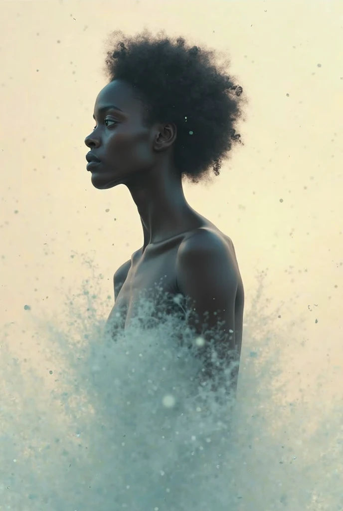 close up of naked young african woman, in an erotic pose , hairy pubis , Background - ocean waves with foam, Storm clouds, lightning