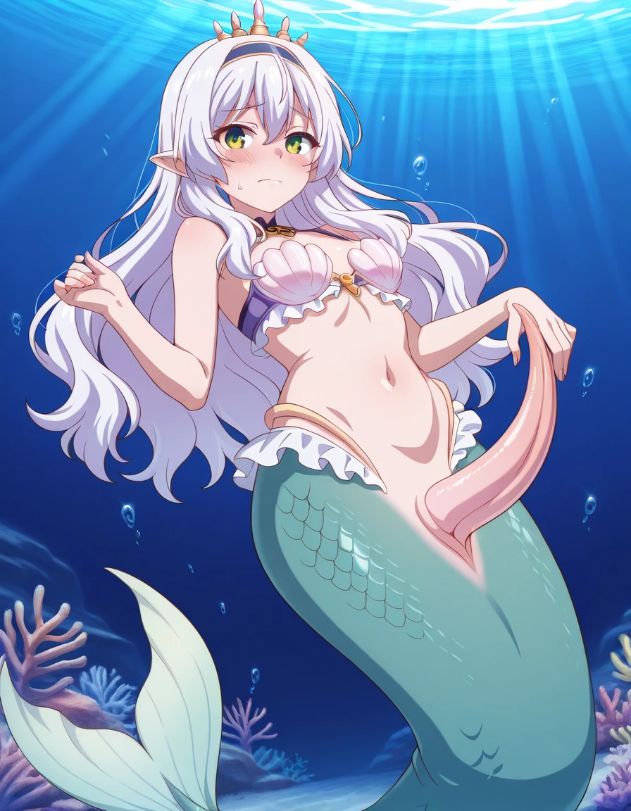 mermaid, 1girl,(oyamamahiro),beautiful eyes, pool, full body, large breasts belly,