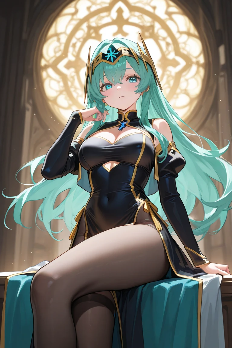 young girl, long turquoise hair, cat ears, turquoise eyes, Smile, black jacket, Green tight dress, diadem, Gold Elements, She-ra, open breasts, nipples, Masterpiece, hiquality, 4k, HD, Good detail