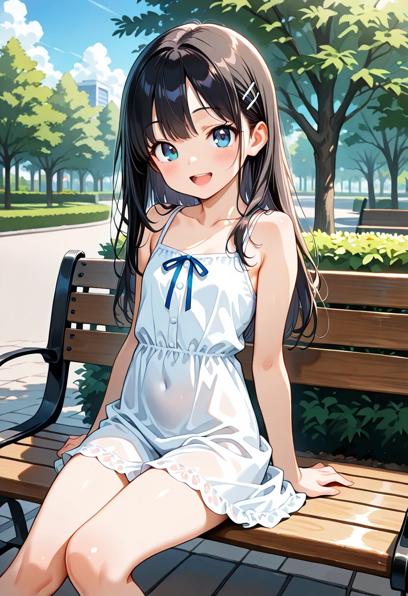 (high quality, High resolution, Very detailed, reality:1.37), Peaceful atmosphere, (Outdoor, garden), 5 year old girl standing alone, (my breasts are small.), Beautiful details, Cute Smile, (Black long hair), ((White sheer camisole dress)), White socks, White high heels、White Hat.NSFW、((Sheer milk))、((Crotch showing through))