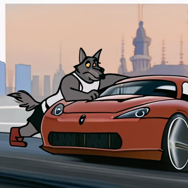 female, canine, canid, mammal, anthro, big butt, black nose, grey fur, half-closed eyes, huge thighs, legwear, tail, wide hips, high heels, race suit, bodysuit, racesuit, vehicle, sponsor, (sligarthetiger)
