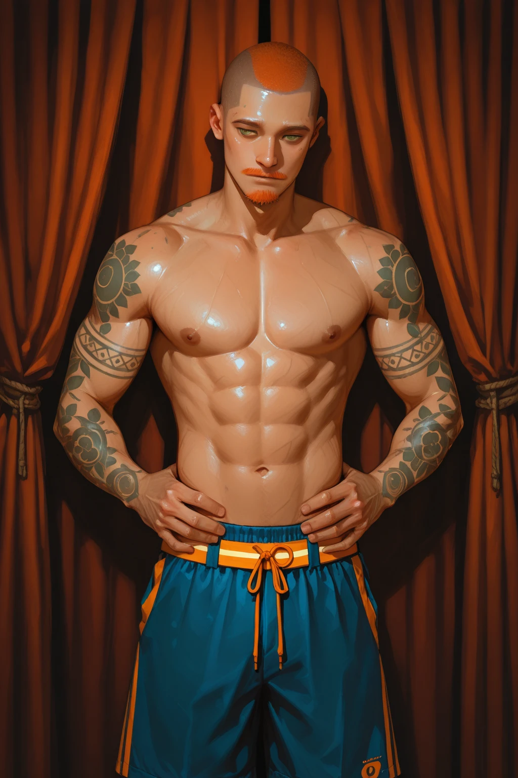 chiaroscuro technique on sensual illustration of an arafed man in white underwear, sexy masculine, diego fazio, male model, by Ludovit Fulla, model with attractive body, inspired by Ludovit Fulla, mid-shot of a hunky, the model draped in flowing, thick oil painting by Harumi Hironaka, extremely soft colors, vibrant, highly detailed, malcolm liepke painting, oil on canvas, high contrast, dramatic, refined, tonal, Create high contrast between light and shadow fire around, there is a red circle on a blue and red square, inspired by Bauhaus, in a shapes background, brown red blue, circle forms, red blue, by Leon Polk Smith, memphis abstract minimal art, graphic shapes, minimal art, blue and red, minimal art style, bauhaus art, inspired by El Lissitzky, bold simple shapes