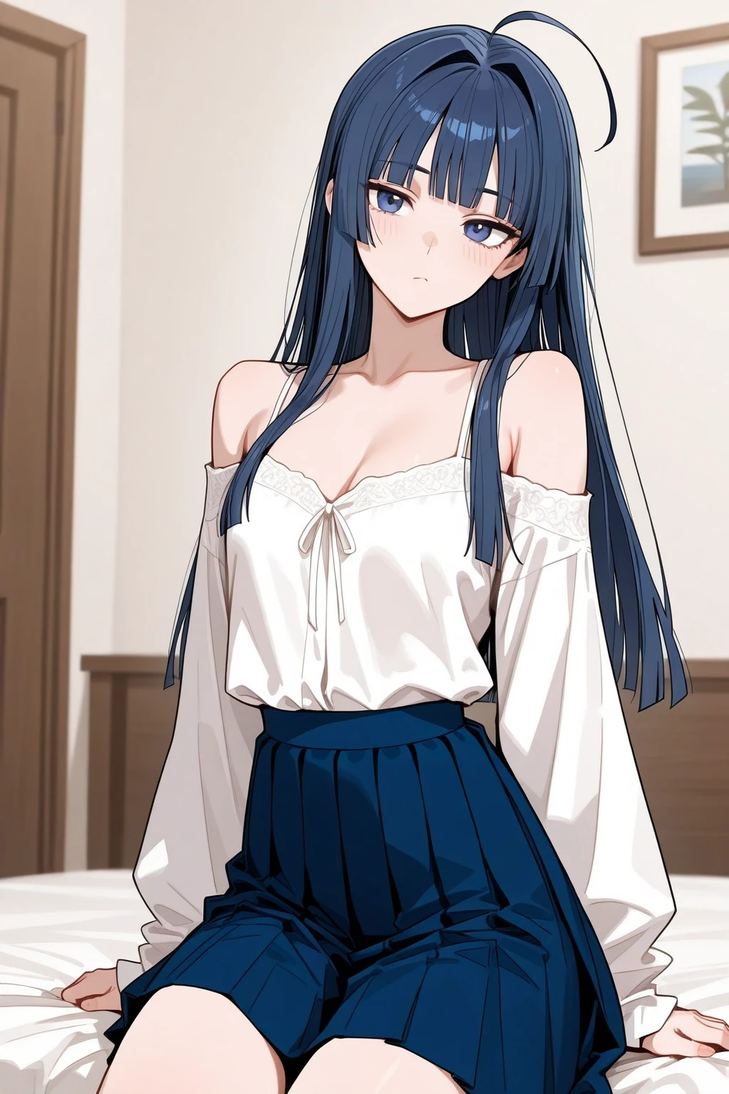 8K, A masterpiece of softcore pornography shot by Kishin Shinoyama, Bast quality,big, RAW Photos, (Ultra-thin contour lines), (1 Girl), hoshino ai, Hoshino Ai, Blue Eyes, deep purple hair, Long Hair, Professional Lighting, (Shiny skin: 1.2), shiny big, ((Highest quality)), Sharp focus: 1.2, Highly detailed face and skin texture, detailed eyes, Perfect Face, Perfect body, Blur Art, CG, background, milk, in front (18-year-old, Cool and beautiful adult face), wear ((Frill dress)), Red Glove, thigh), blush, (White Maiden), (White panties digging into pussy), Gravure idol-like tabletop, Sue is sitting at a desk with her knees up., My Favorite Child, Browsing Caution, 