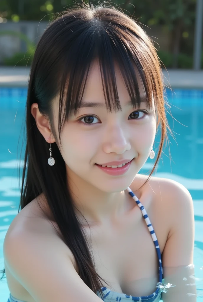 highest quality、Realistic、female、14 years old、Japanese、zoom、Black Hair、Brown Eyes、short hair、Swimwear、Looking down、smile、