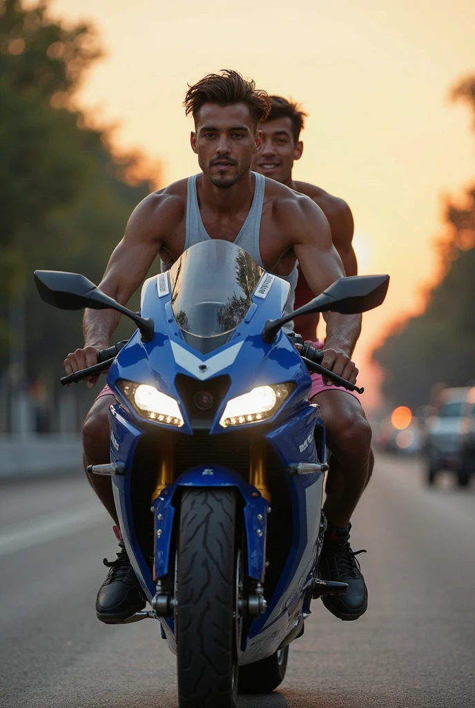 2 shirtless men are riding a scooter in Italy, Italy theme and wide landscape of Italian ancient buildings, wearing white shiny leather gloves, moustache, facial hair, Italy flag designed thong bikini highlighting big bulge and big butts, wearing white sneakers, shirtless, topless, masculine and stocky,handsome face with detailed facial features, shirtless and wearing nothing, correct accurate male anatomy, big large erect pink  , full body shoot, big pecs, big arms, wet oiled waxy shiny greasy muscles and skin, flawless white skin, masterpiece, professional DSLR shoot and retouching, illustration art, shadow, highlight, sharpness, depth of field, gay romance scene in Italy, dramatic, hot gay erotic illustration art, sexy and hot