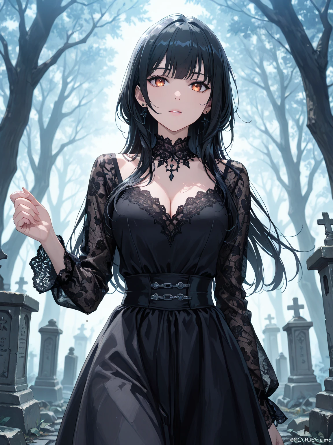 1girl, necromancer, anime, dark forest, dark fog, graveyard, goth, black makeup, undead monster in background, rpg, night, dynamic pose, white eyes, black hair