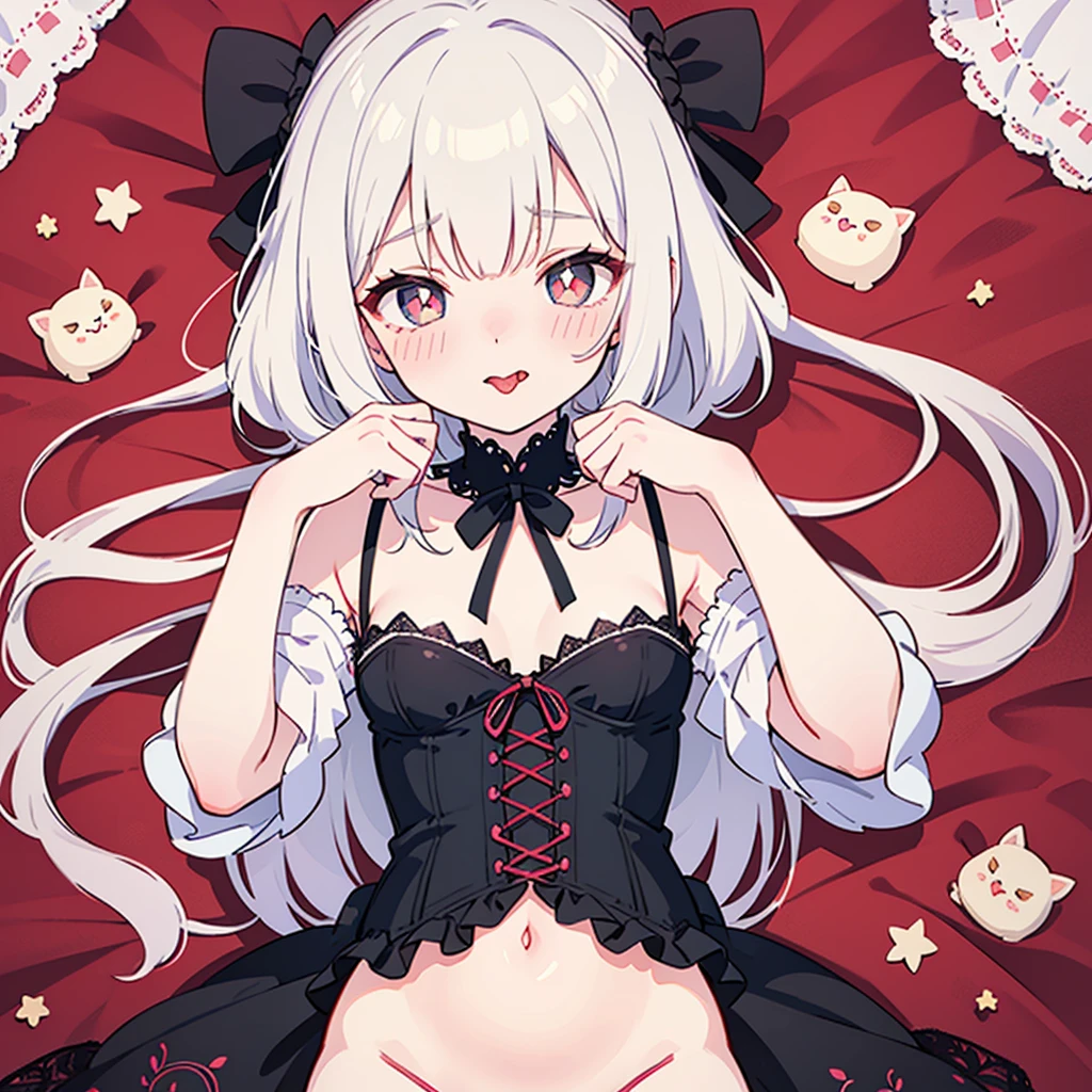 wet white hair cat ears a crown black glasses pink eyes extremely blushing you have put on a bra you are holding the cat&#39;s tail you are wearing red underwear a cat&#39;s tail with red stockings in your room lying on your bed