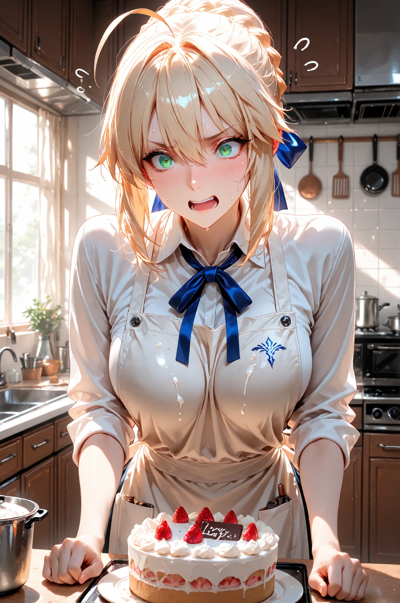 Highest Resolution,Highest quality,A beautiful girl with a crying face drinking a glass of water in a nude apron,kitchen,Tears,Open your mouth and drool,whole body,front,Sweat profusely,Beautiful eyes,Lots of saliva,