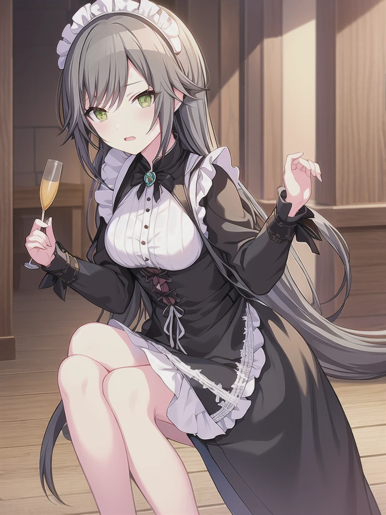 (masterpiece),(best quality),very aesthetic,(ultra-detailed),(illustration),nsfw,1girl,16yo,slender,long hair,silver hair,straight hair,(blunt bangs),dark blue alluring eyes,(annoyed:0.8),grin,sweat,wine glass,drunk,(skirt hold),bows lightly,crossed legs,standing,(head tilt:0.5),Gorgeously carved stone walls,An elegant and sophisticated outfit perfect for a party, featuring a purple velvet dress with green lace accents,long sleeves,Silver necklace with embedded emerald gemstone,toxic dark green lace panties,Guest house of Western aristocracy,Luxurious and spacious halls,High ceiling,table,A sumptuous meal is laid out on tables,cowboy shot,pantyshot,crowded with Mob Western aristocrats chatting with each other,(a belt around thigh with knife strapped:1.2)