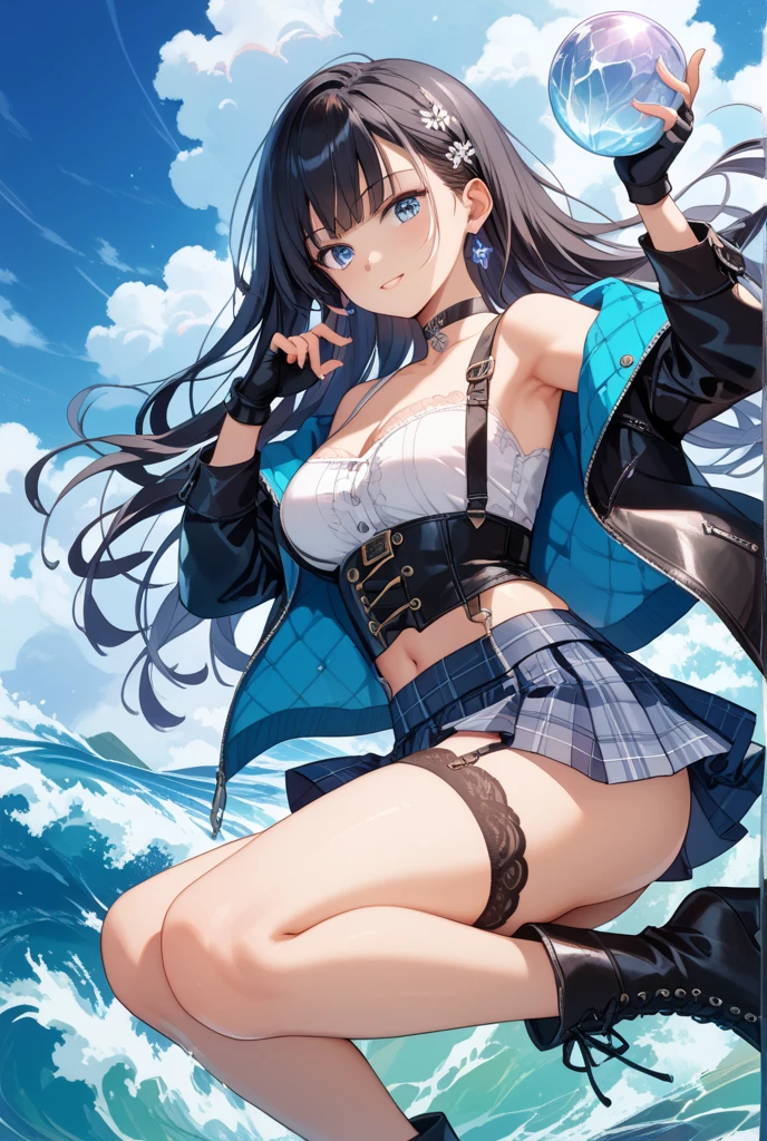 Masterpiece, Best Quality, Official Art, (Very Detailed CG Unity 8k wallpaper), Detailed backgrounds ,, Attractive and sexy woman, College girl, The wind blows, (((Flips up skirt, panties are visible)))), (Curvaceous), ( White thighs: 1.12), ( Blue eyes: 1.13), (High ponytail: 1.12), Look bigger, (cleavage), beautiful face, (blush: 1.11), ( Smile:1.11)