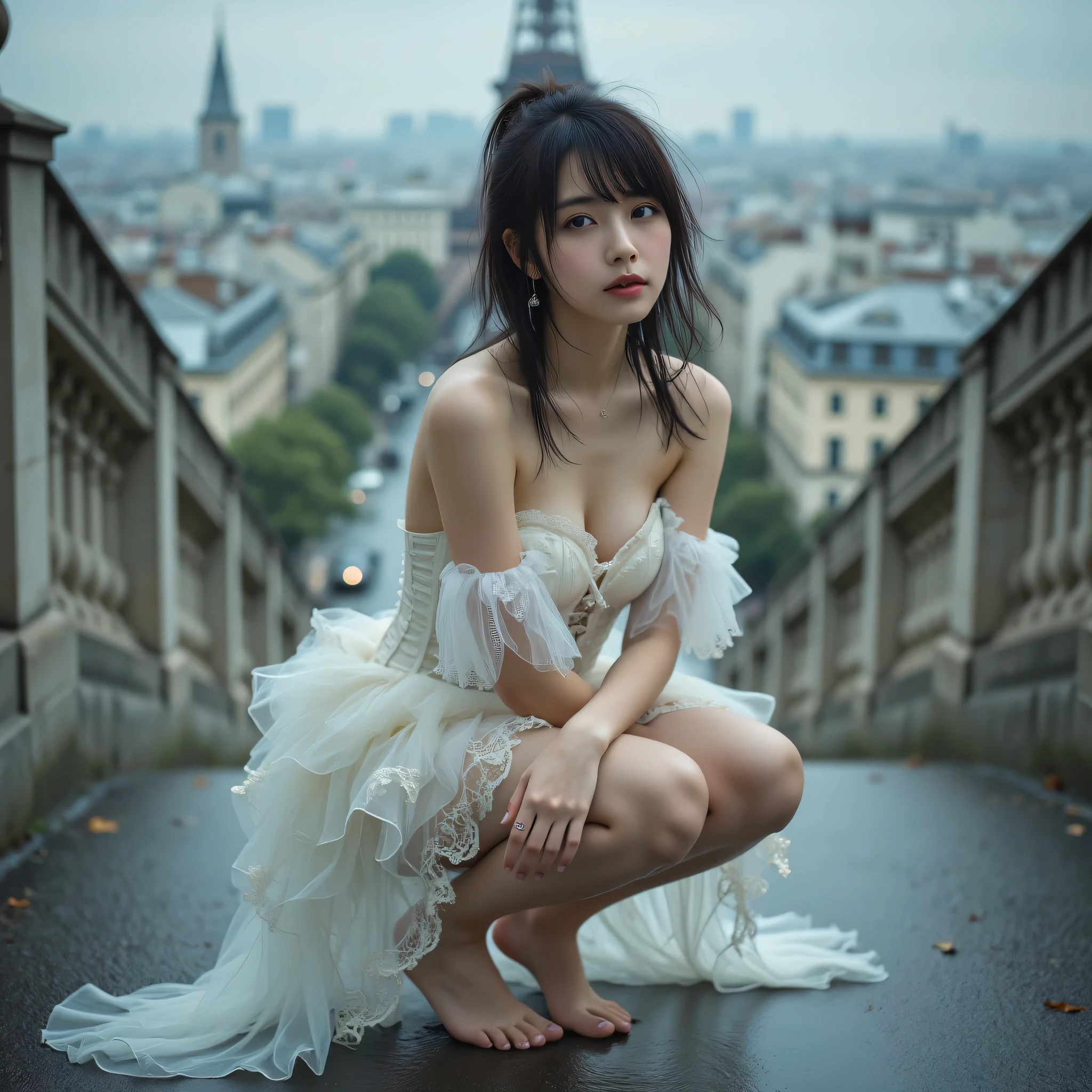 ((High angle)), RAW photograph of a asian woman (squatting). she is a beautiful japanese woman wearing intricate gothic (white) dress fashion with elements, elegant off-shoulder dress with corset details, decorative frills, ((wihite) long sheer lace-edged frills skirt, short puffed bloomers, victorian-inspired bloomers), barefoot. (asymmetrical ducktail), bangs. beautiful bare legs stretching out from under a skirt. the woman has one hand behind head and the other on breast lift. Paris cityscape. Afternoon after the rain.