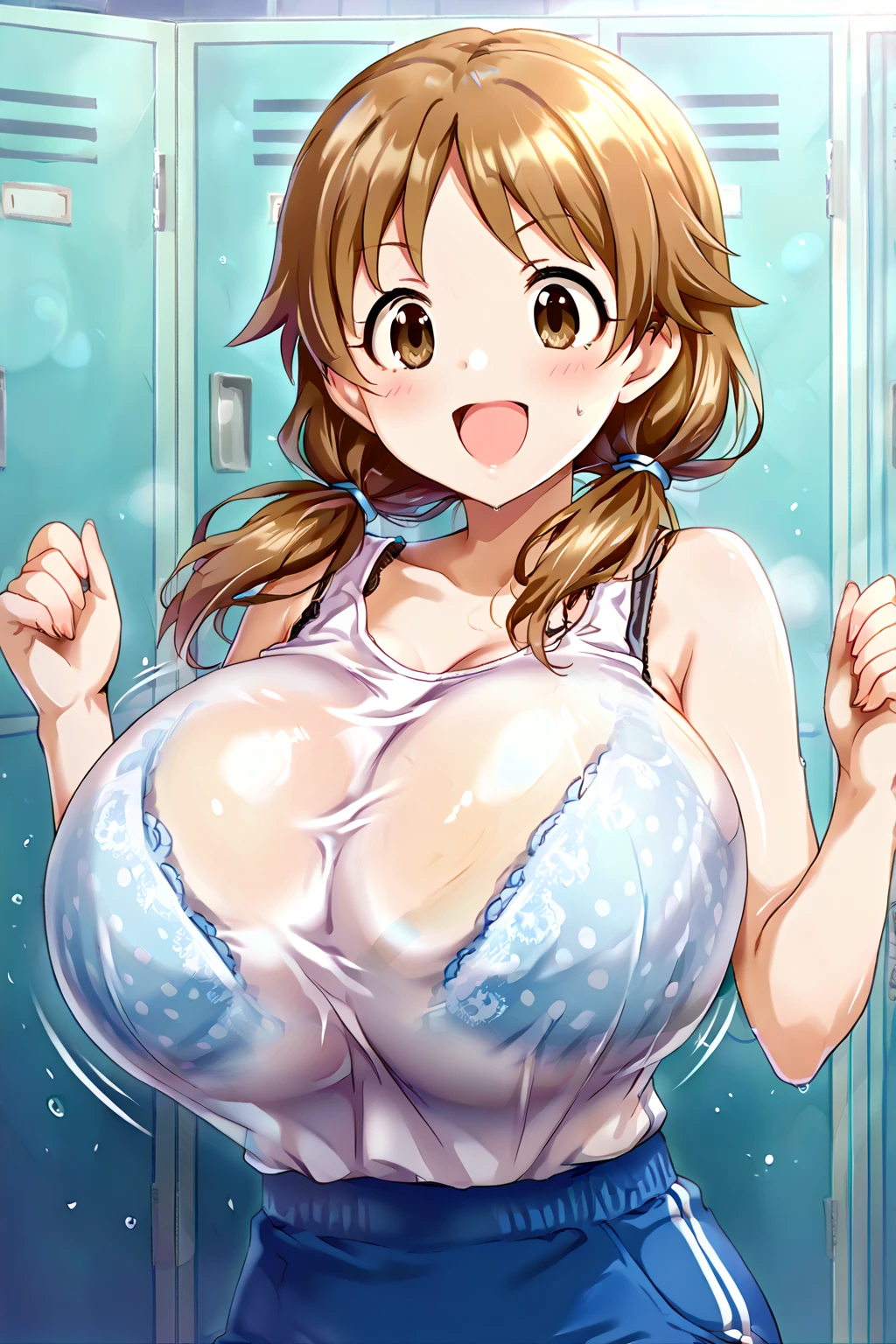 Behind the frosted glass, masterpiece, best quality, breasts_on_glass,1girl, fit body, wet semi-transparent clothes, sweat, breasts on windows, drop of water, breasts squeezed by glass,sleeveless white knit sweater of cropped length, plaid pleated white micro skirt, transparent white knee high stockings