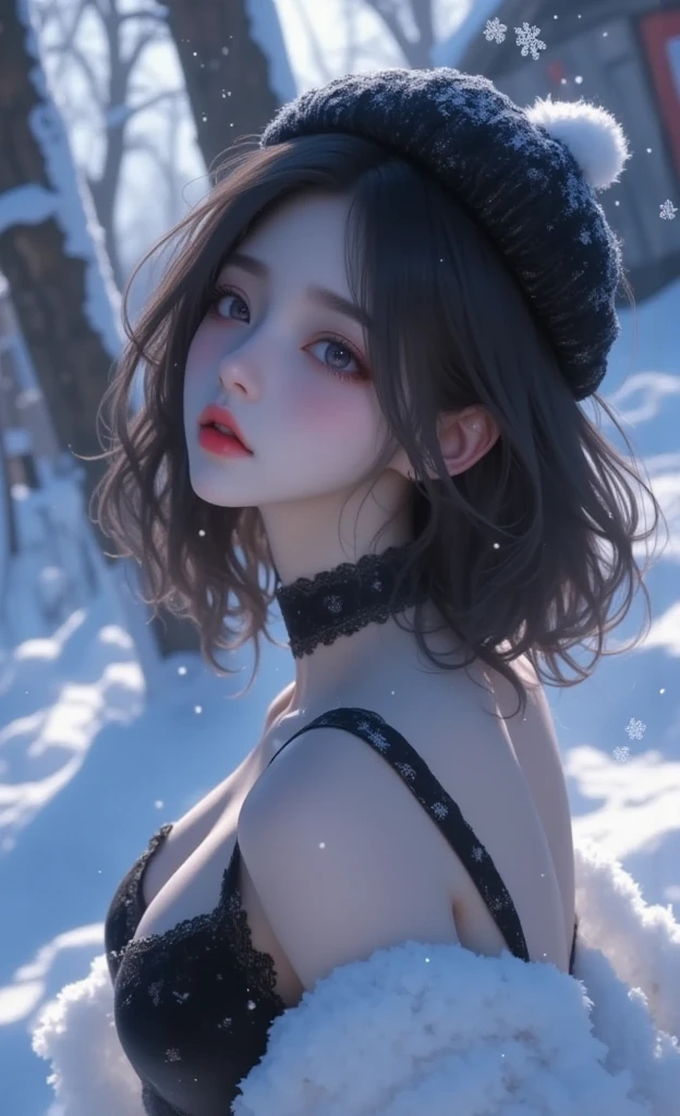 (Masseter region:1.3)、(8k、Realistic、RAW Photos、highest quality: 1.4)、(One Girl)、Beautiful Face、Small breasts:1.5、Wearing a camisole:1.5、((No underwear:1.5))、(Realistic Face)、(Silver Hair、short hair:1.3)、Beautiful Hairstyles、Realistic eyes、Beautiful details、(Realistic Skin)、Beautiful skins、(very good)、More ridiculous、charm、超High resolution、Surreal、Very detailed、Golden Ratio、Amber Eyes、Snow Forest、Fantastic World、Small breasts、(Wearing makeup:1.3)、Open your mouth
