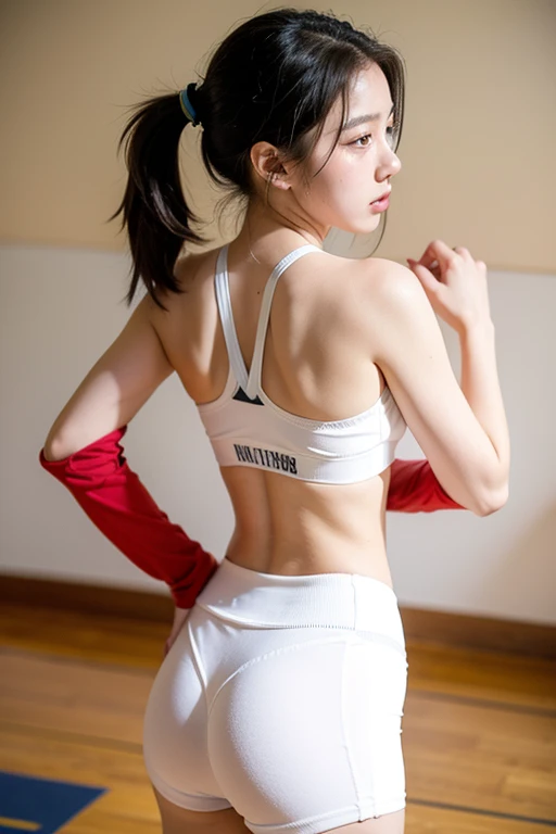 (1 from the back.5) ((Rear View)) Japanese women "Place both hands on the ground, push your hips up, and straighten your back.",black sport leggings,White piping leggings,bra,