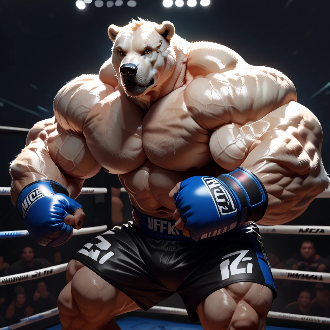 solo, 1boy, Huge Muscular Old Grizzly Bear wearing kickboxing MMA belt , thick pectoral, thick arms, huge pectoral, wide pectoral, hige brown fur, short white hair, Kickboxing MMA shorts, kickboxing MMA gloves, Kickboxing MMA Footwear 5 toes and shirtless, bearded, Kickboxing Martial Arts Cage Tournament background, masterpiece, semirealistic:1.2, high detailed, 8k, high resolution,  Kickboxing Champion