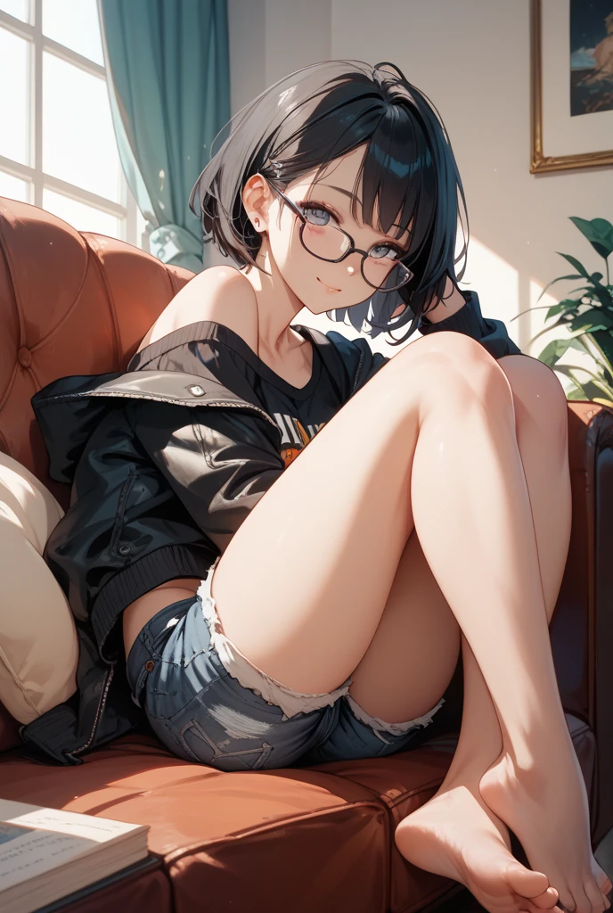 There is a woman sitting on the floor with her legs crossed..., Wearing glasses, Japanese Model, Wearing glasses on, Wearing square glasses, Young Sensual Gravure Idol, Yasumoto Oka, Genuine young gravure idol, Without glasses, Yoshitomo Nara, Aoi Ogata, Wearing glassesいる, Surreal,Provocative,((Beautiful Skin)),((Skin Texture)),((Real Touch)), healthy, unreddish skin, Cute freckles on the cheeks,Mole under left eye,
