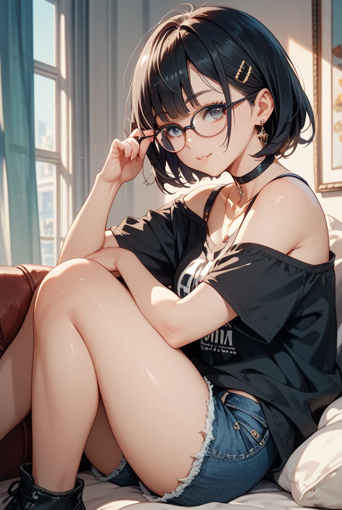 absurdres, RAW photo, extremely delicate and beautiful, masterpiece, Best Quality, ultra high resolution, 32k, hyperrealistic, ultra-detailed, in her 20s, delicate facial features, beautiful detailed girl, tearful mole, earring, medium breasts, full body shot, medium hair, black hair, cap, T-shirt, baggy shorts,