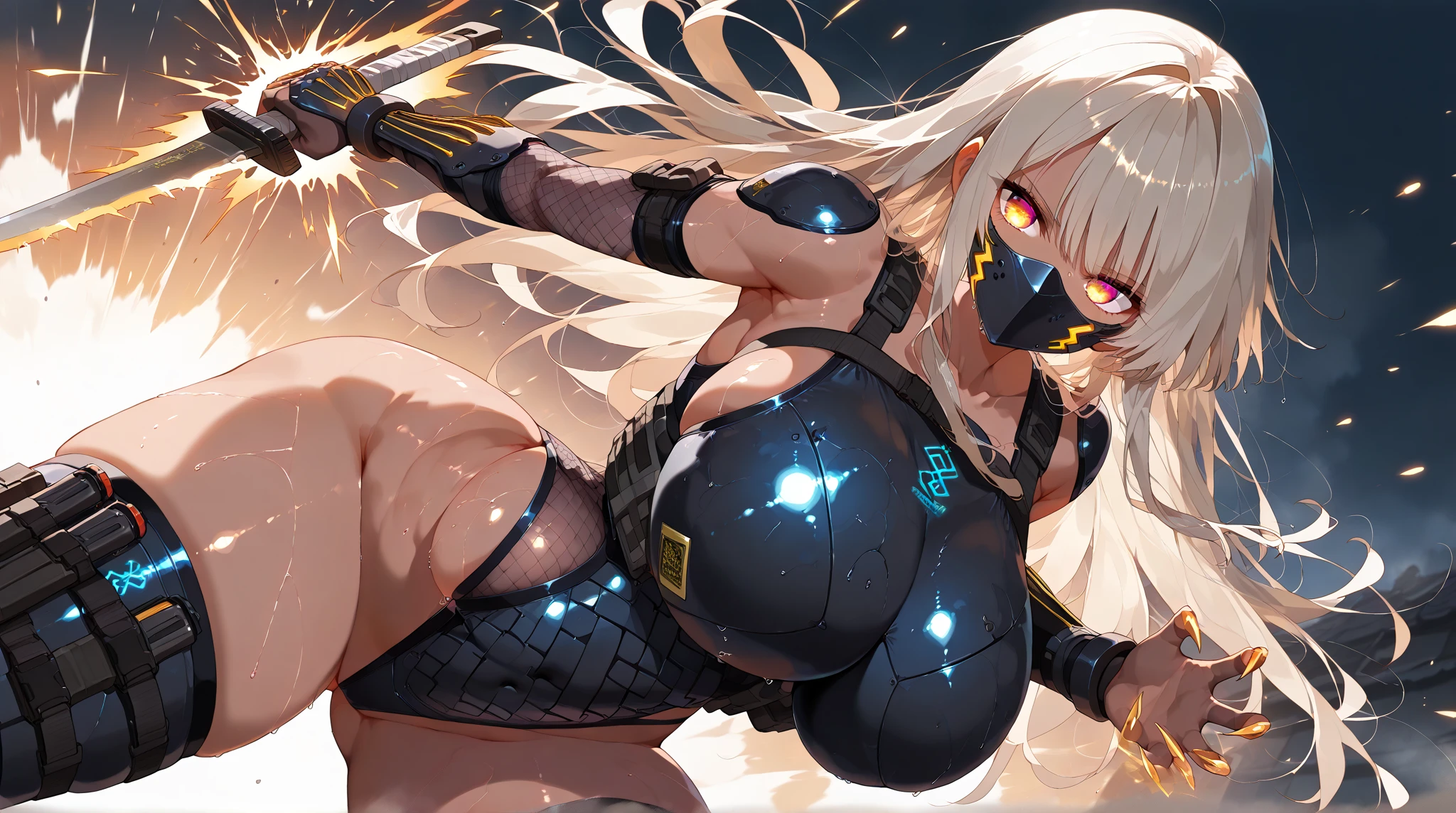 ​masterpiece, ultra-detailliert, 8k, hiquality, Top image quality, digitial illustration, Seductive Anime Girl, ((Combative posing:1.4)), ((Hover effect:1.2)), Meticulously drawn hair, Detailed eye depiction, appearance Splash paint background in colors, Center, ((heavy weapons:1.4, armament:1.3))、((latex micro bikini:1.3 crop top:1.3))、((cleavage:1.3))、((crop top navel))、((highleg:1.3))、((huge breasts:1.3))、((huge hip:1.3))、((thick thighs))、((collarbone))、((cameltoe))、seductive smile、shiny skin、Sharp Focus, draw the full body, Glossy realistic skin texture, Precise human body structure、Smooth texture