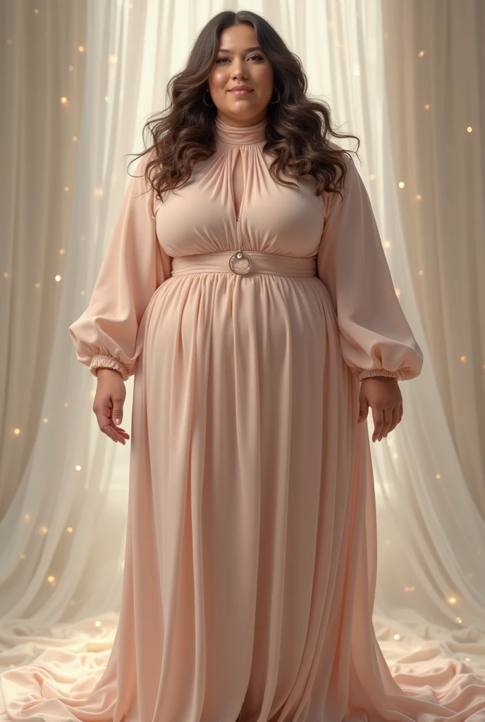 A beautiful and hot almost chubby mature  woman with big butt.who wears a long pink Arabic dress with lace-like sleeves designed on it. And standing in the yard of a big house next to the pool. A smiling face.