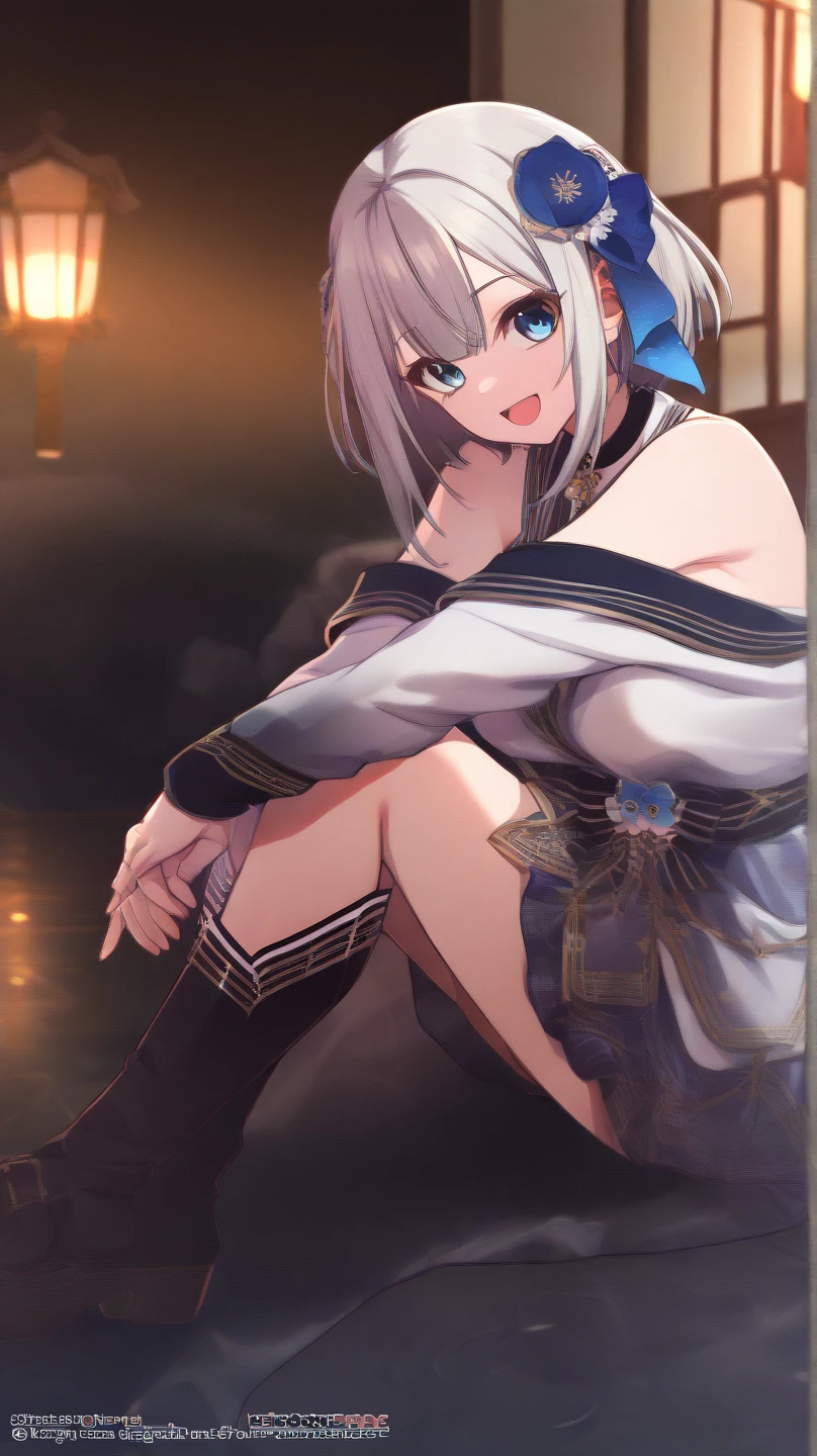 ((Highest quality)), ((masterpiece)), ((Very detailed)), (Very mature),A cute, gentle-looking female high school student with black hair and a height of about 165cm.,A female high school student with a cute smile and small breasts wearing a transparent blue waifus with a cute patterned hood and bare shoulders, A gentle woman with a slightly long vertical face,Small Faced Woman,alone, Cute attitude,(background(bright),Long Hair - Straight,Knee-high socks、A transparent blue veil with a cute pattern and white hood with off-the-shoulder sleeves,White wall、Sitting、Facing the viewer、縁に模様がある壁が1面のbackground