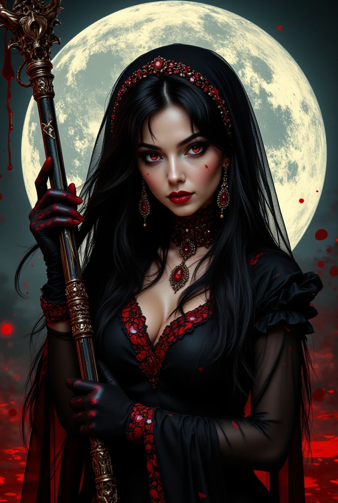 A gorgeous demon female, with long beautiful black hair, Golden Eyes, Use blood magic power, Has vampire fangs , Flirtatious smile on her face, wearing a kimono that looks like an assassin's outfit , Sexy poses , Comic style , by mortal Kombat 